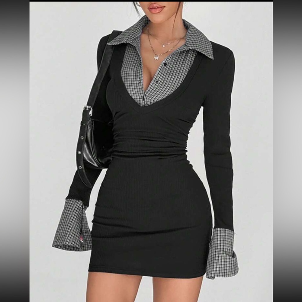 2 in 1 Black and White Plaid Patchwork Bodycon Stretchy Mini Dress - Picture 5 of 6
